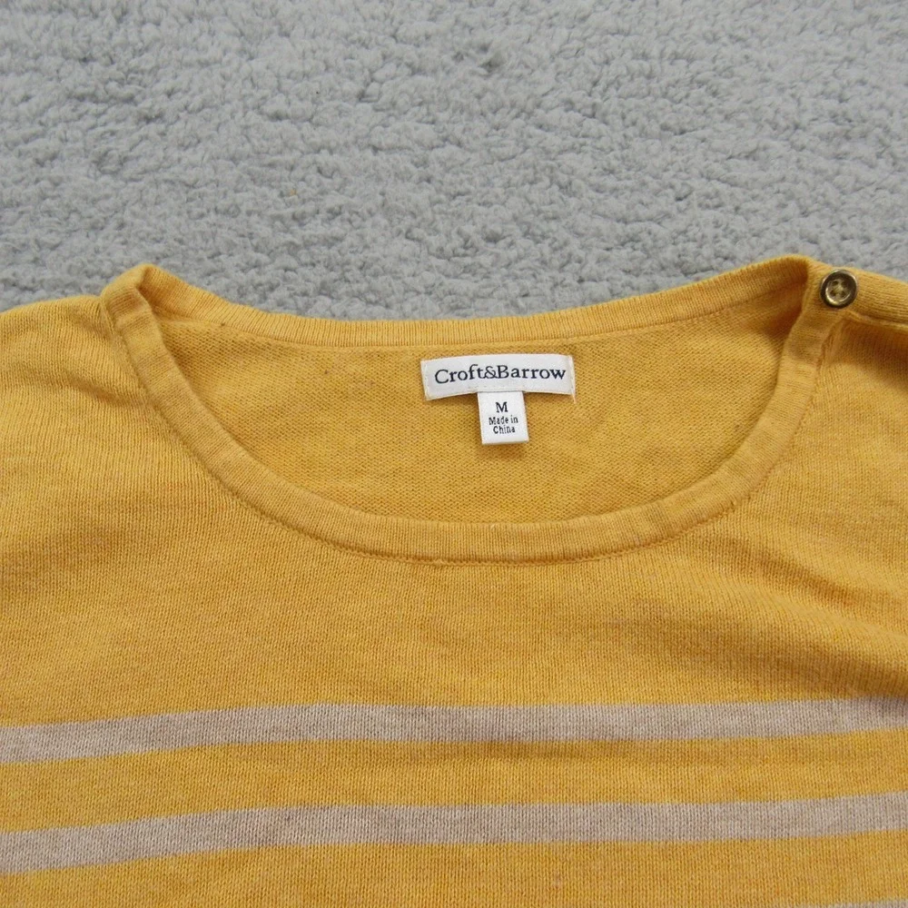 Croft & Barrow Women's Yellow‎ Striped Cotton Knit Top Button Detail Med